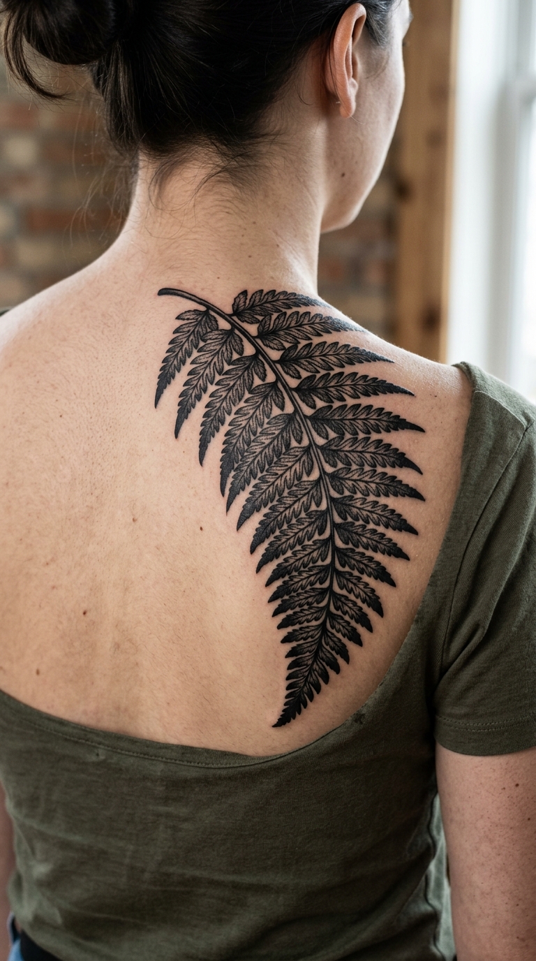 Farnwedel als grafisches Blackwork Tattoo für den Rücken