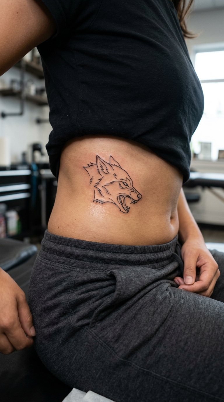 Fenrir Wolf als minimalistisches Tattoo für den Bauch