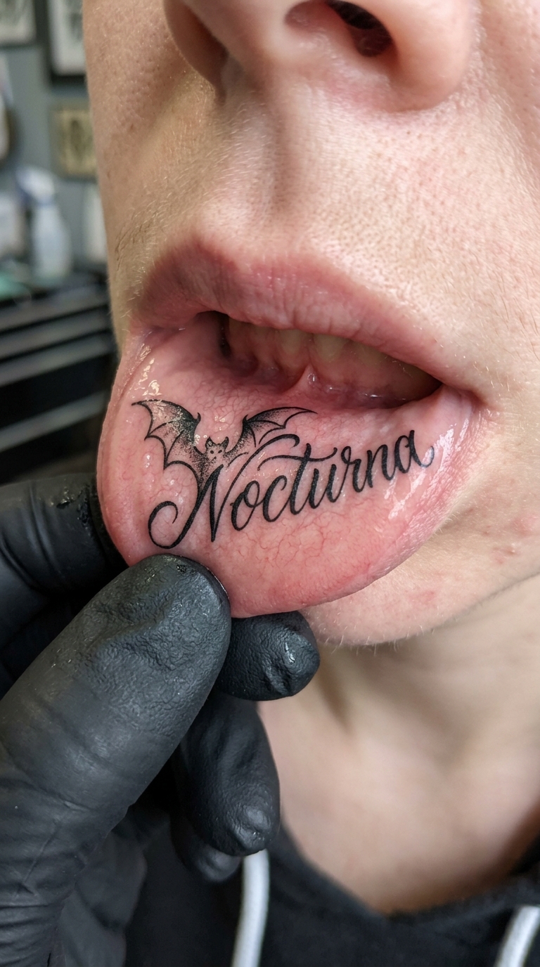 Fledermaus Motiv als geschwungenes Schrift Tattoo auf der Unterlippe