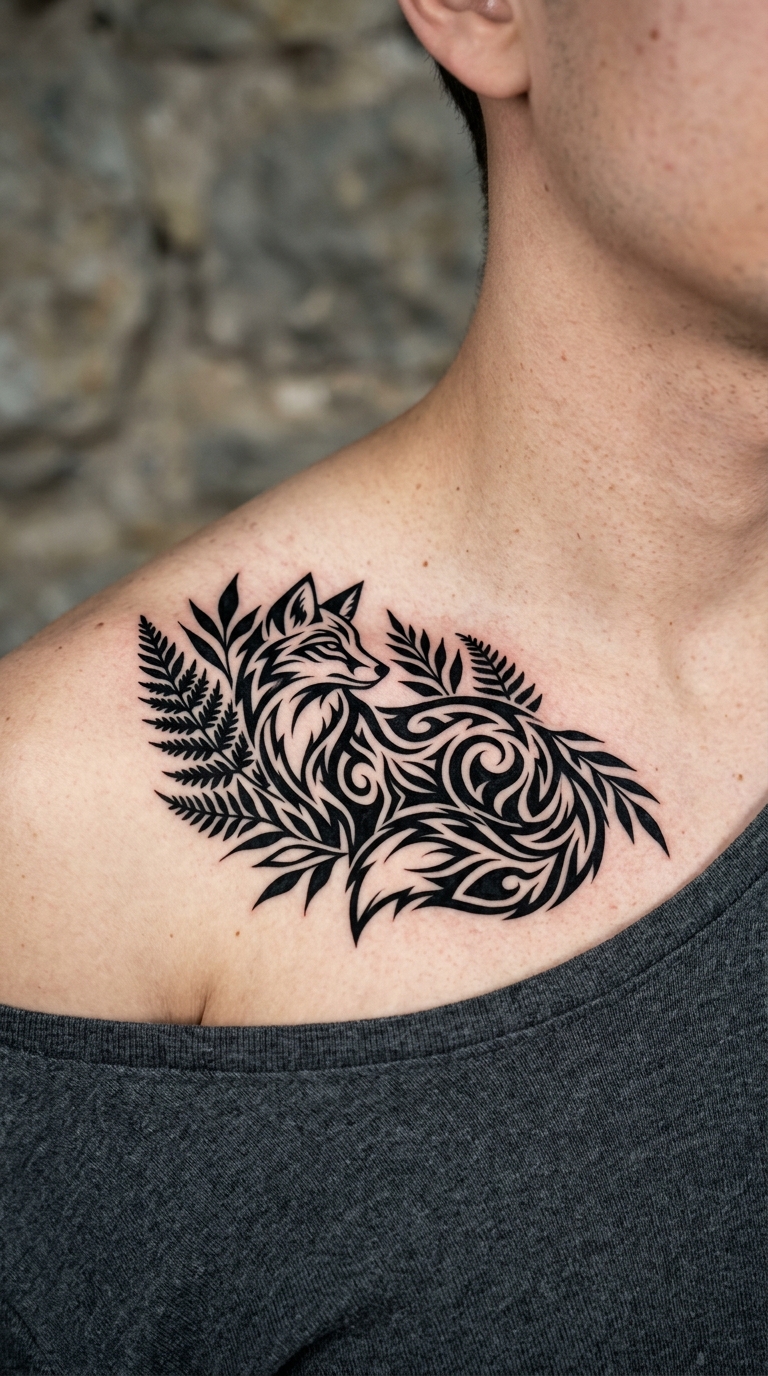 Fuchs zwischen Farnen als Tribal Tattoo für das Schlüsselbein