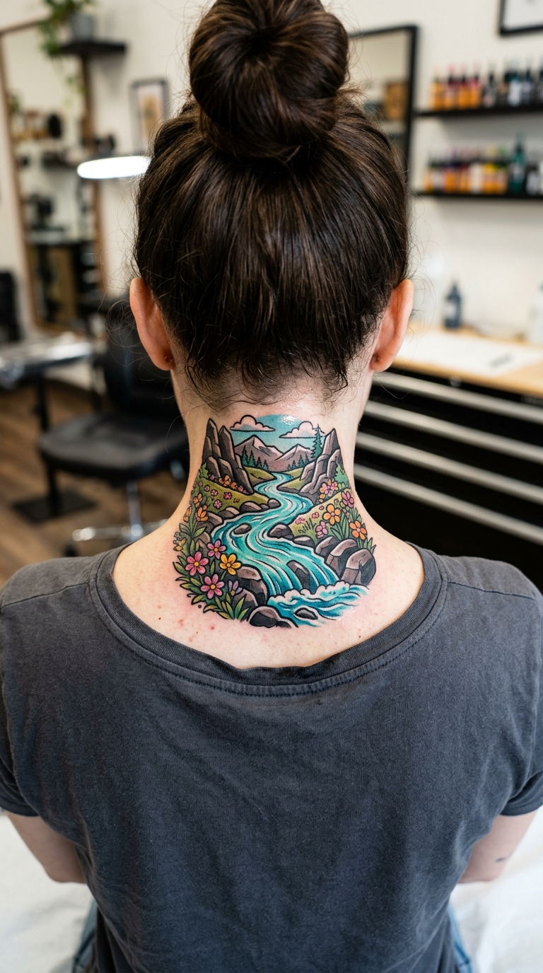 Gebirgsbach als farbenfrohes Comic Tattoo für den Nacken