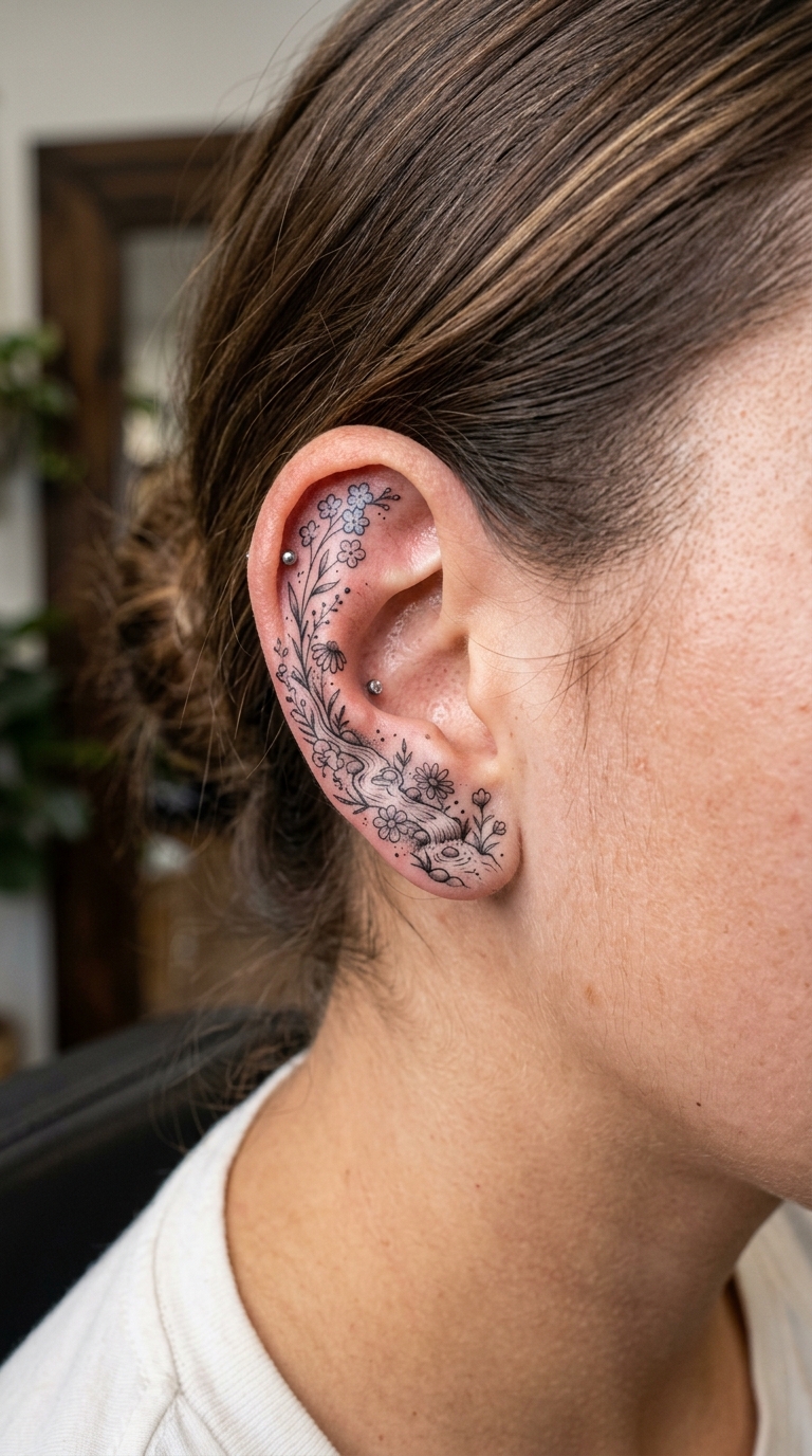 Gebirgsbach und wilde Blüten als florale Tattoo Idee für das Ohr