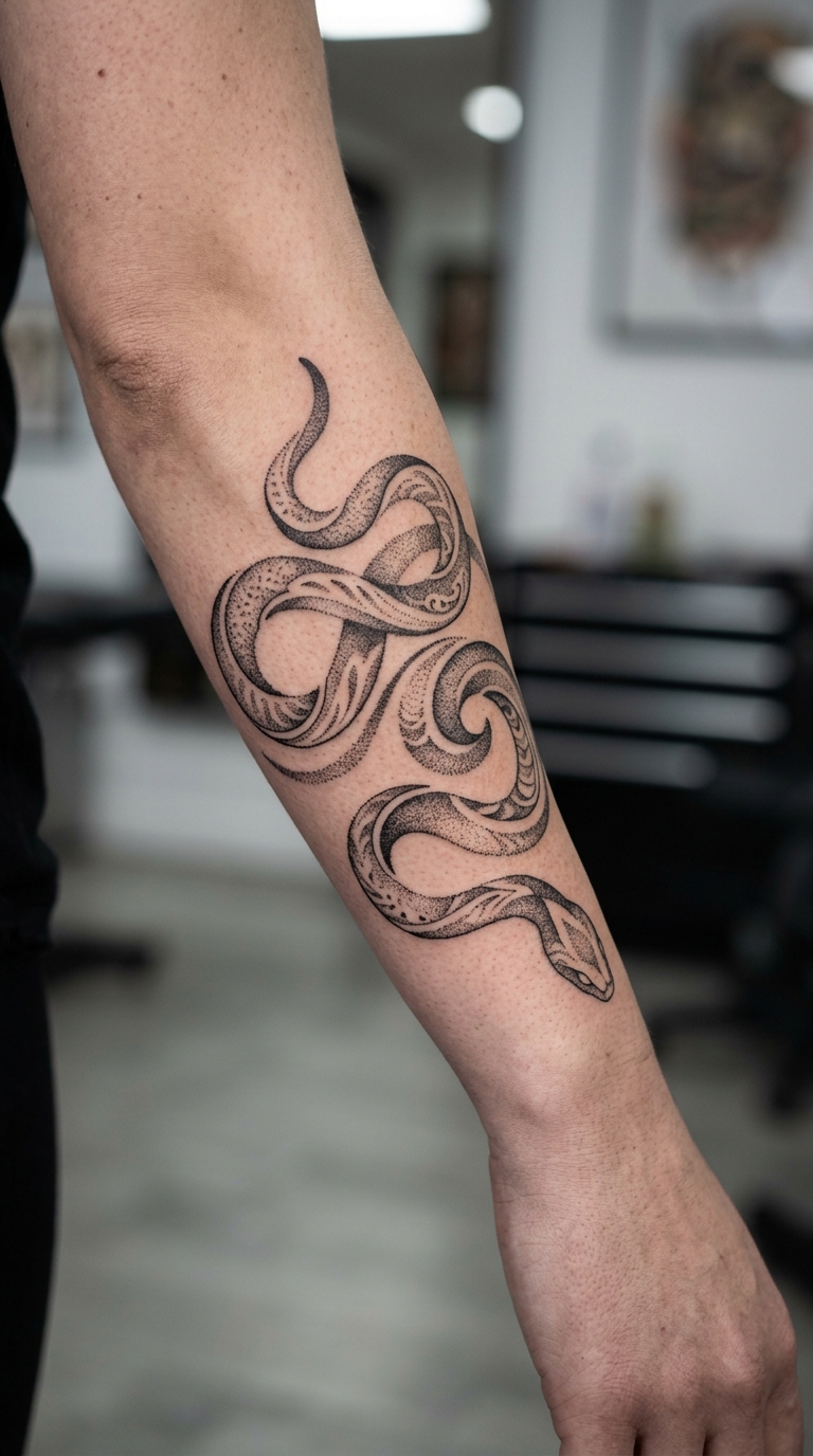 Geheimnisvolle Schlange als Dotwork Tattoo am Arm