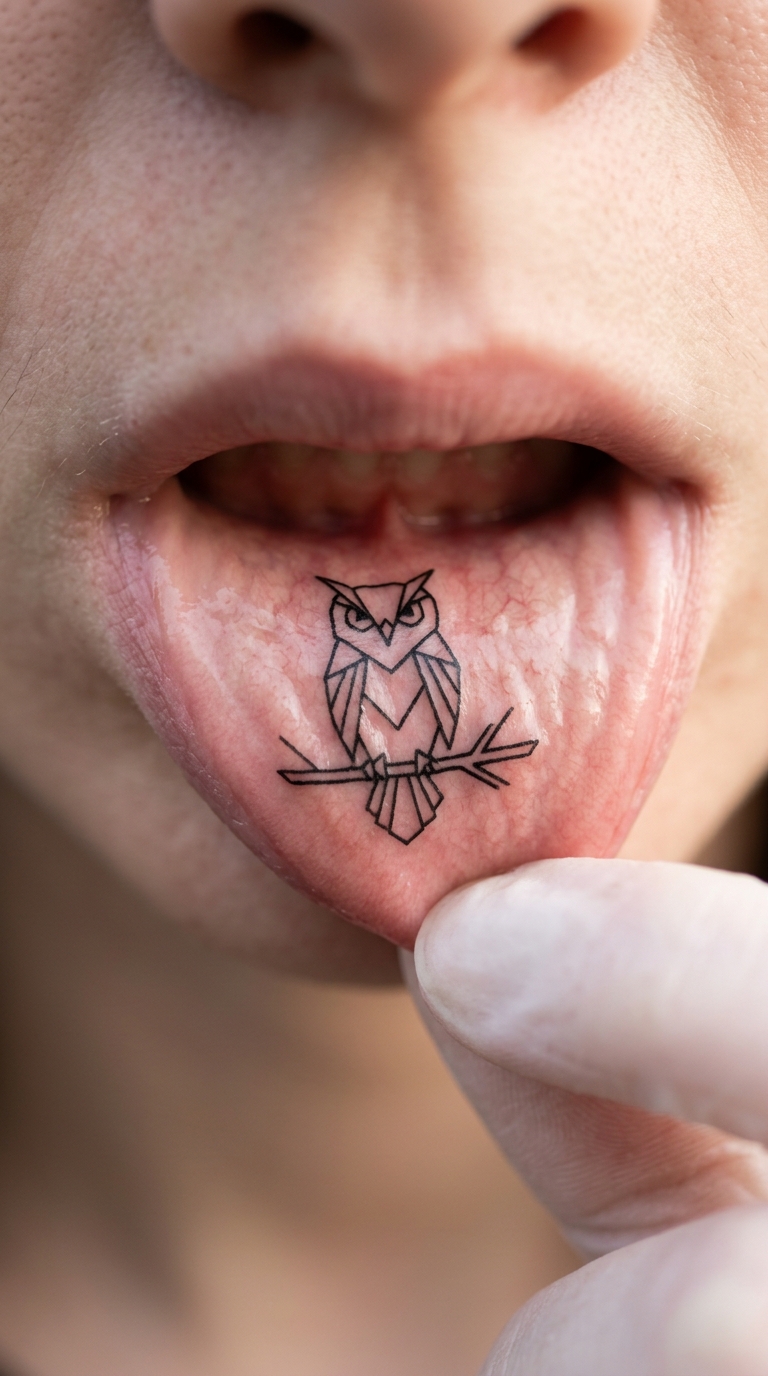 Geometrischer Waldvogel als Tattoo Vorlage für die Unterlippe