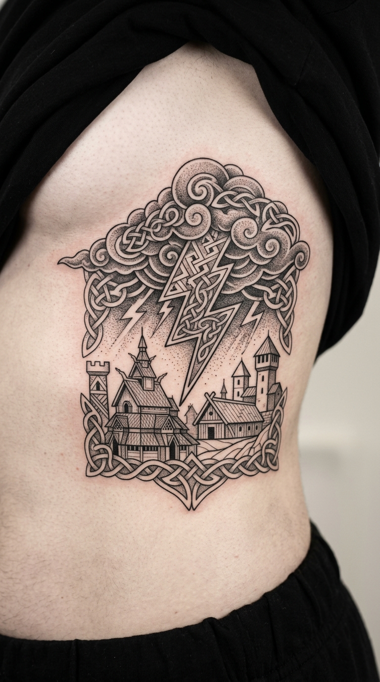 Gewitter über einer Stadt als Wikinger und Celtic Tattoo für den Underboob