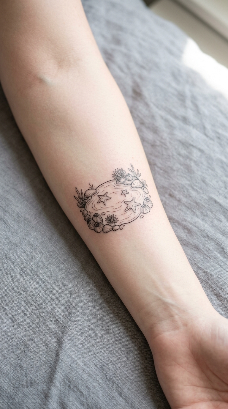 Gezeitentümpel als zartes Fineline Tattoo für den Arm