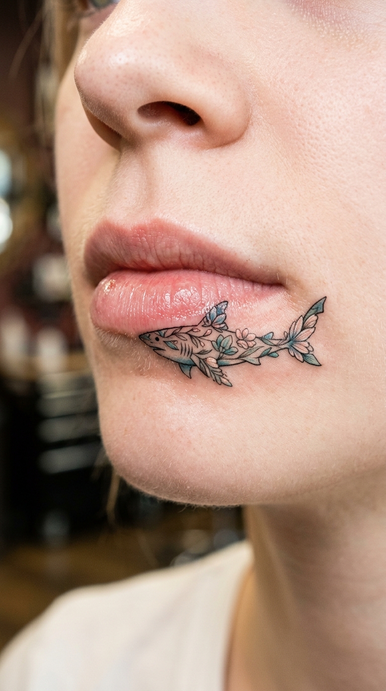 Hai im floralen Look Tattoo Vorlage für die Unterlippe