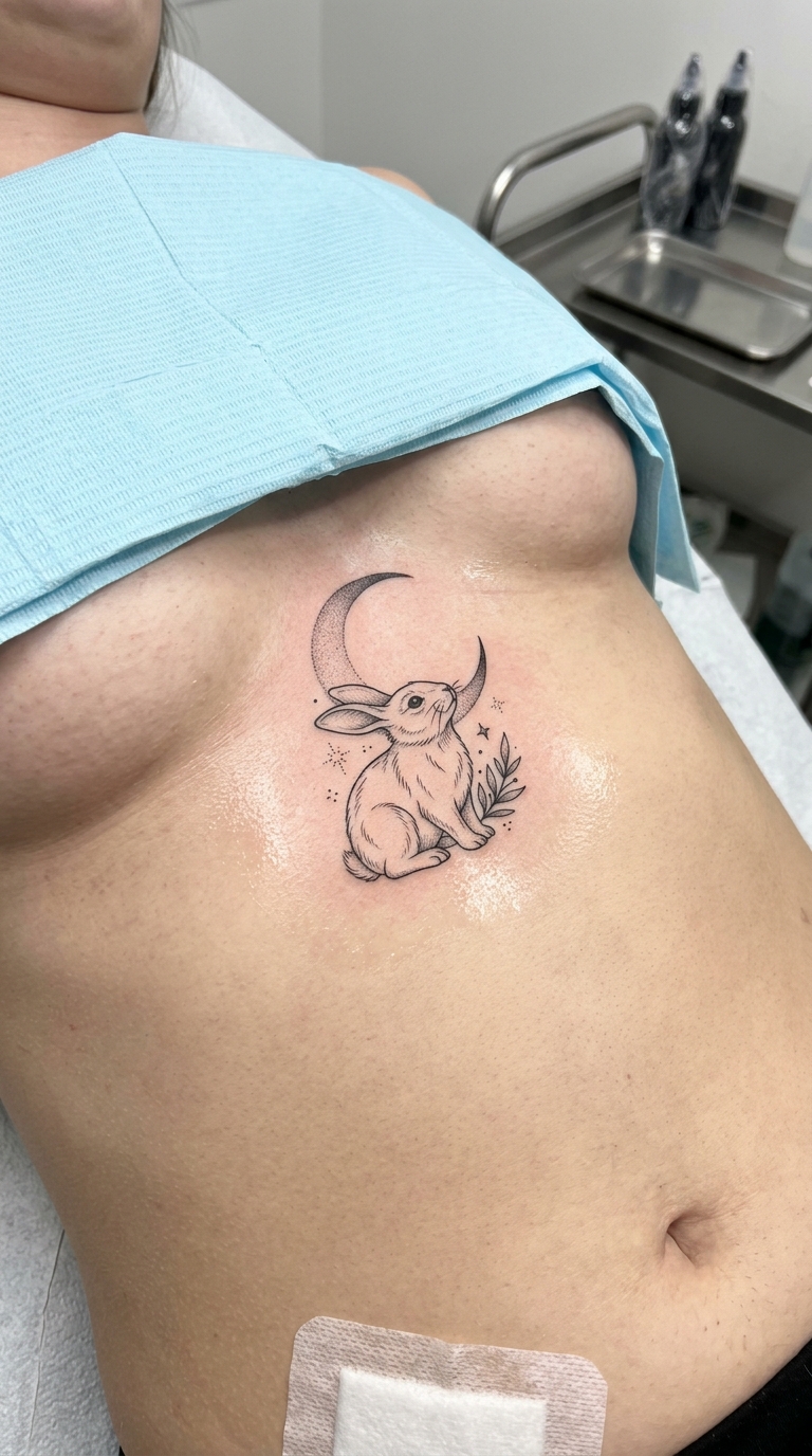 Hase im Mondschein als Tattoo Idee für den Underboob
