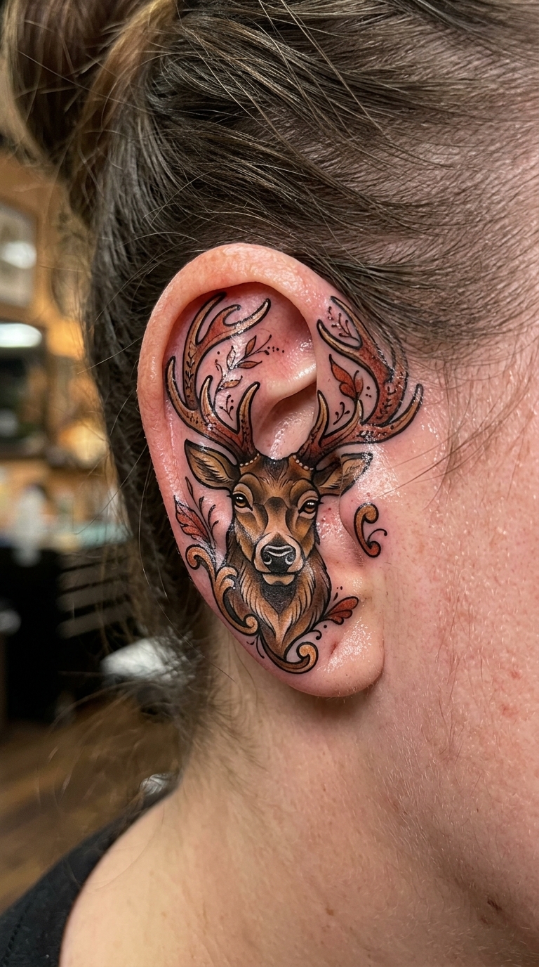 Hirsch mit großem Geweih als Neo Traditional Tattoo für das Ohr