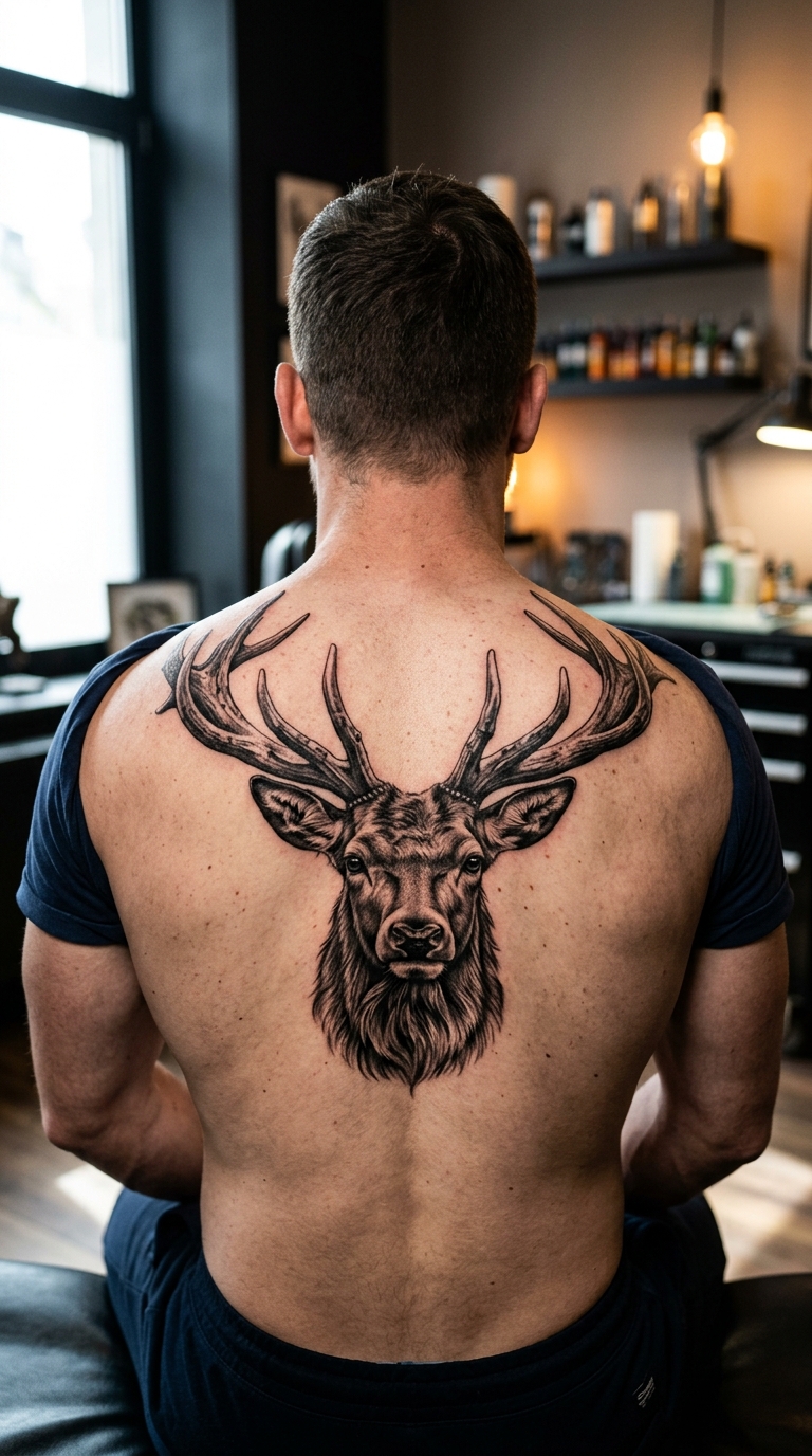 Hirsch mit imposantem Geweih als 3D Tattoo für den Rücken
