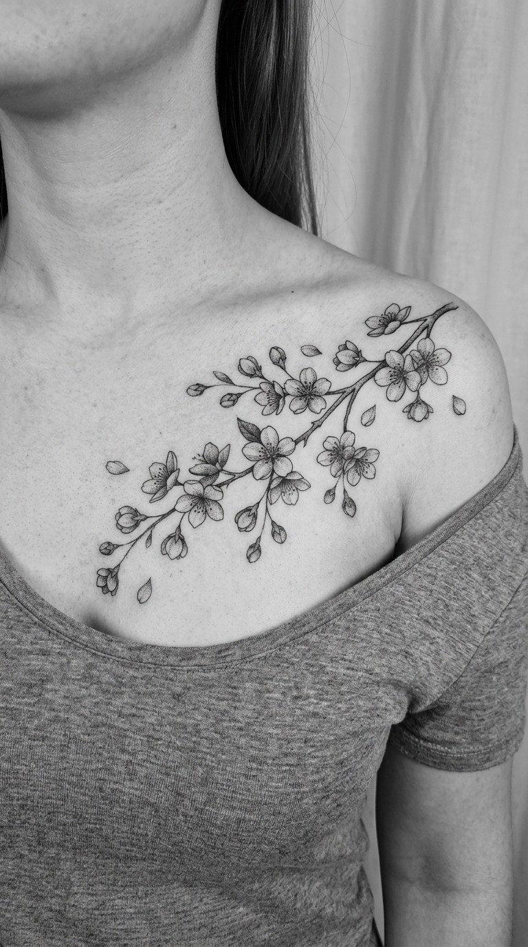 Kirschblütenzweig als Dotwork Tattoo für Brust & Oberkörper