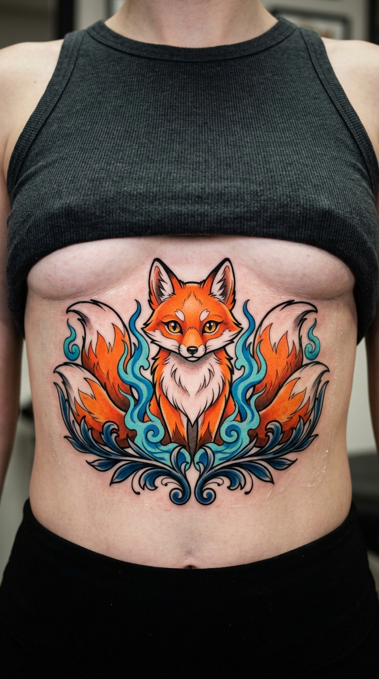 Kitsune Fuchs als buntes Comic Tattoo für den Underboob