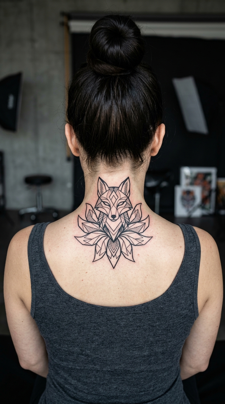 Kitsune Fuchs als geometrische Tattoo Vorlage für den Nacken