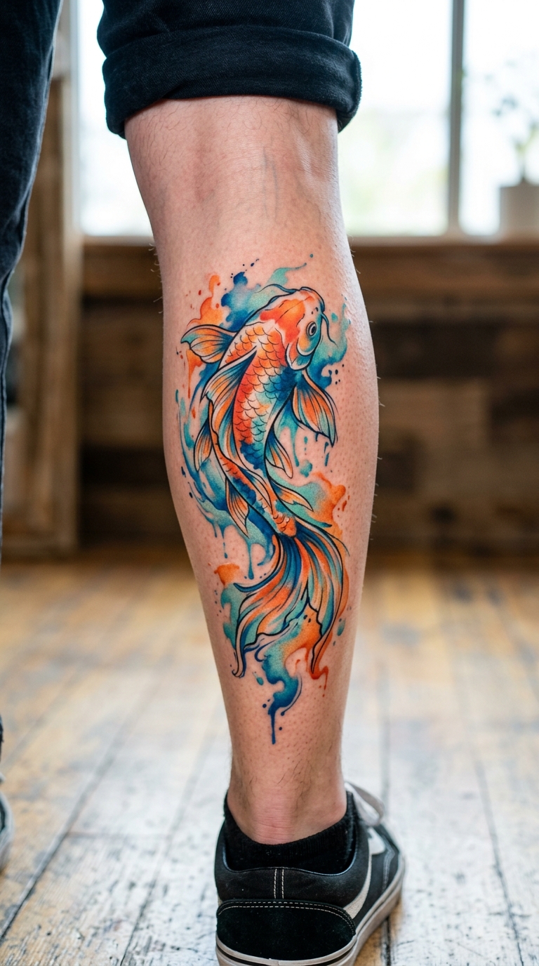Koi Fisch als Aquarell Tattoo am Bein