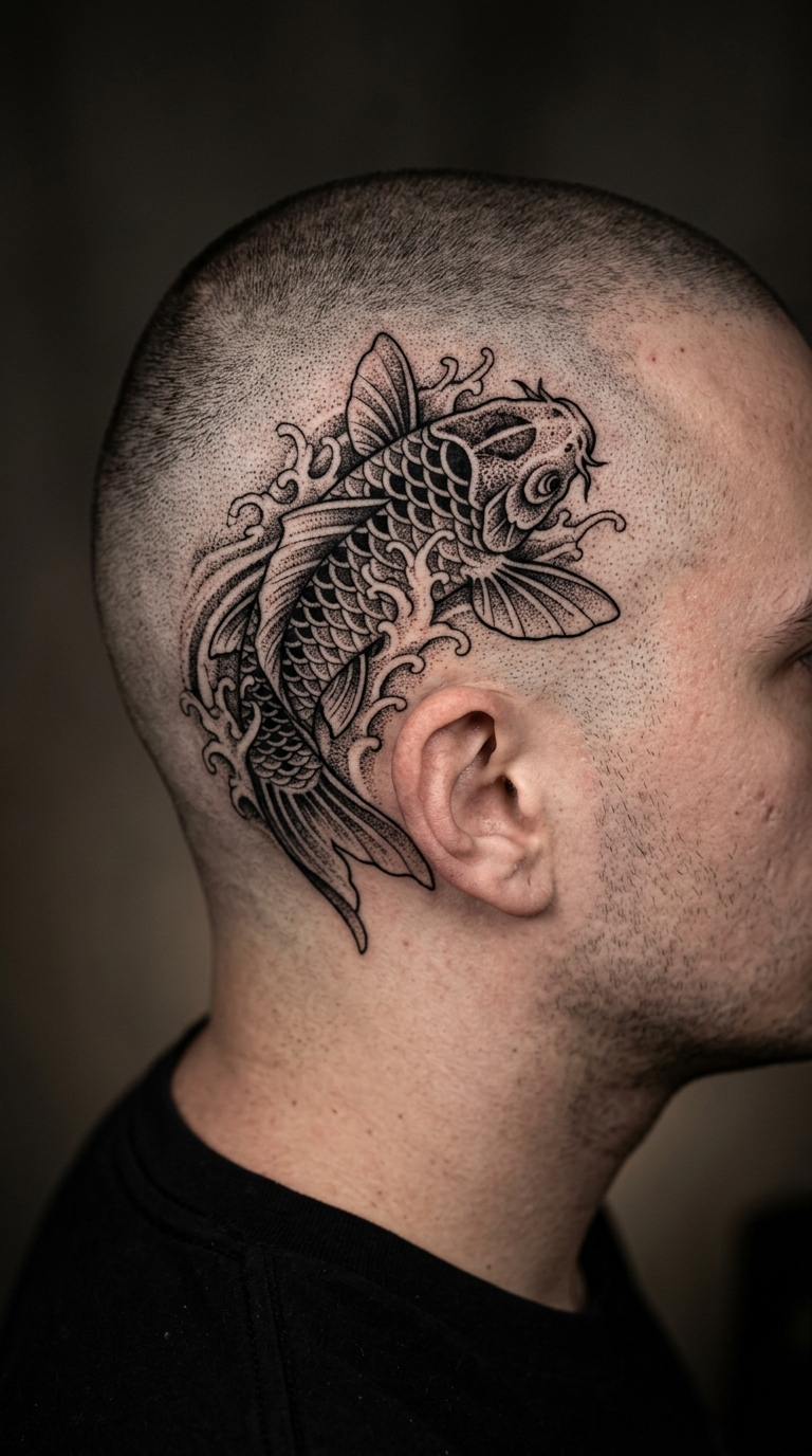 Koi Fisch als Dotwork Tattoo auf dem Kopf