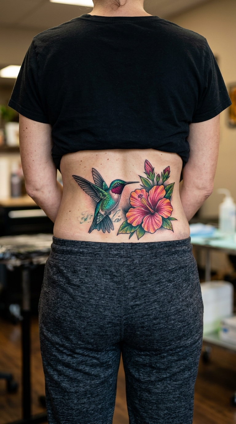 Kolibri und Blüte als farbenfrohes Cover up Tattoo am Steißbein
