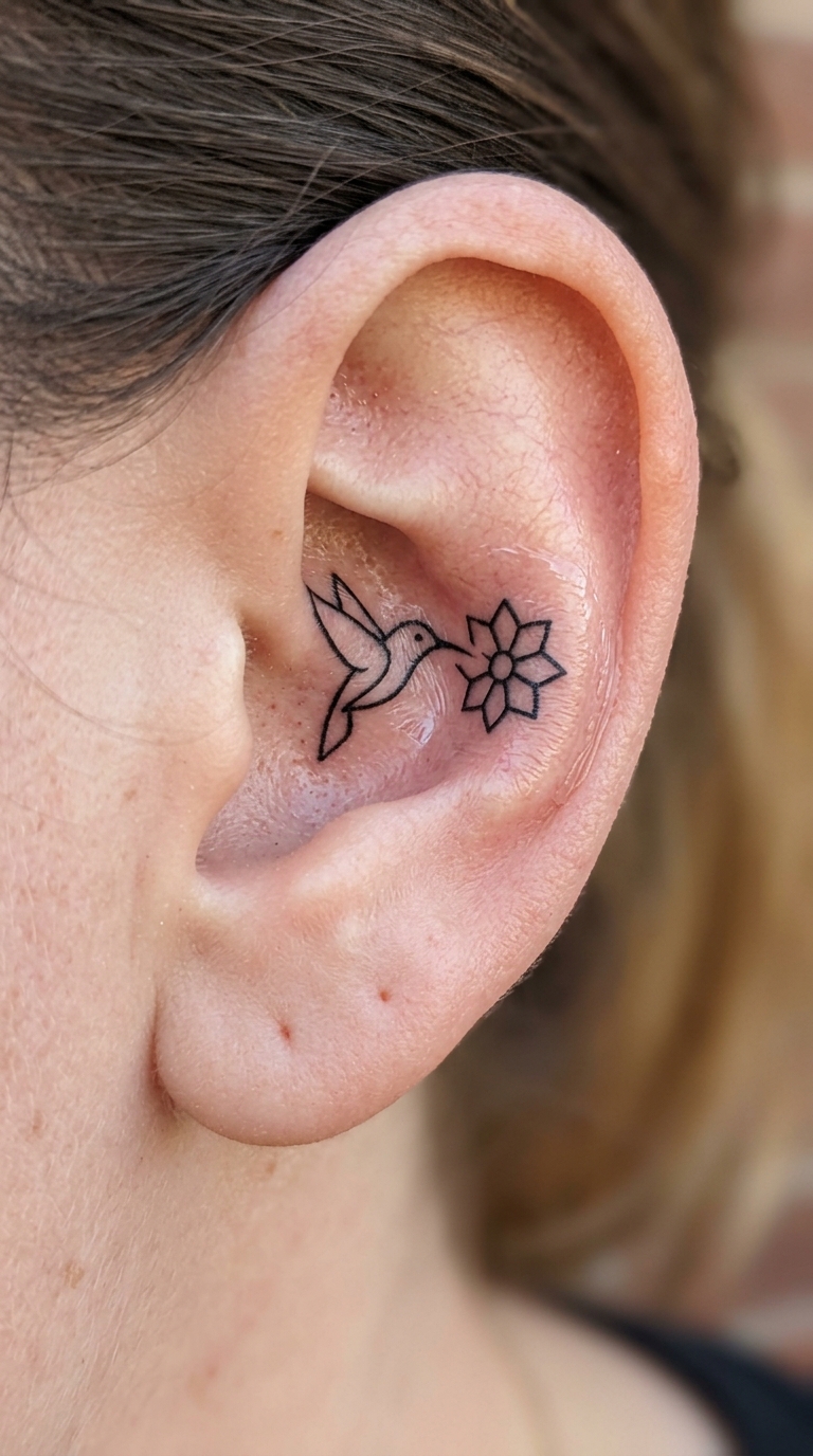 Kolibri und Blüte als feines Zeichen Tattoo am Ohr