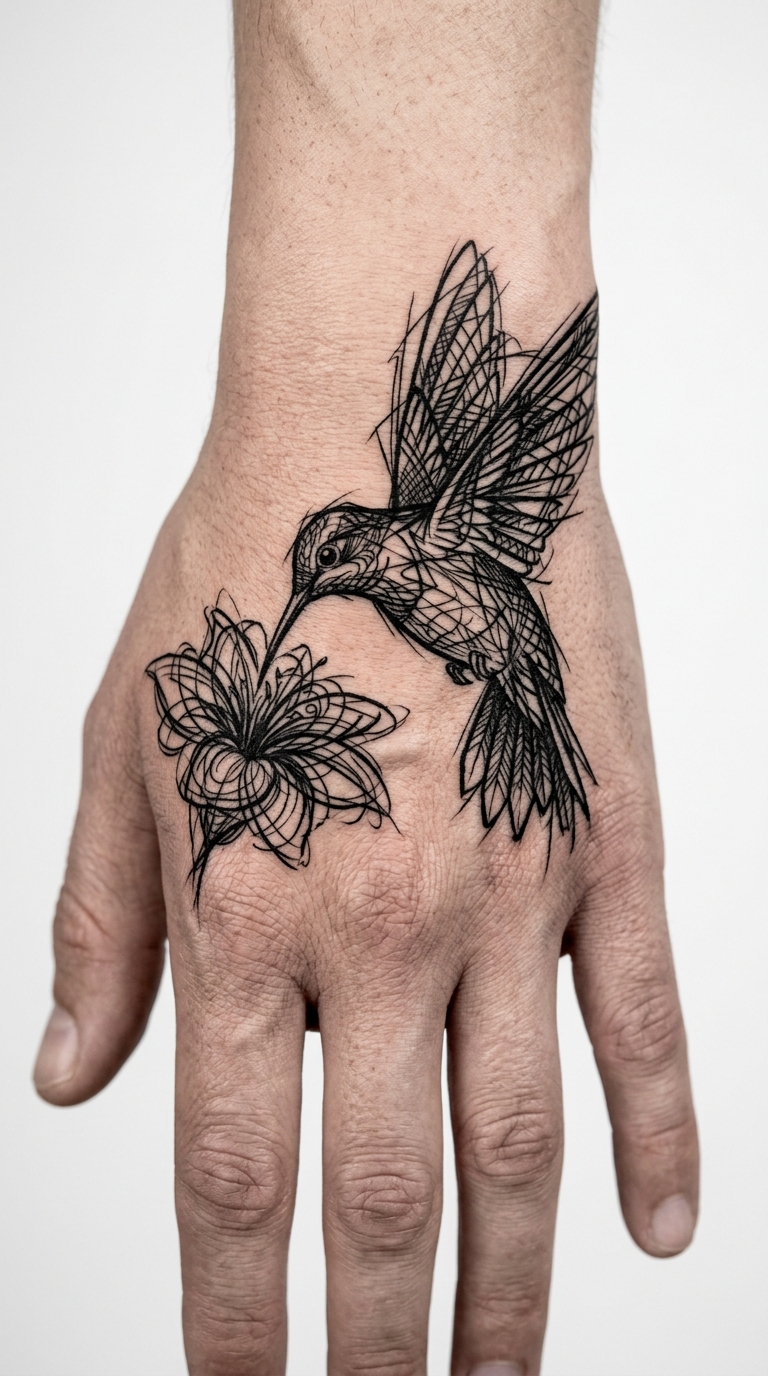 Kolibri und Blüte als kreuz und quer Tattoo auf der Hand