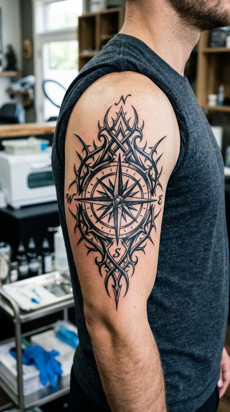 Kompass mit Windrose als Tribal Tattoo für den Arm