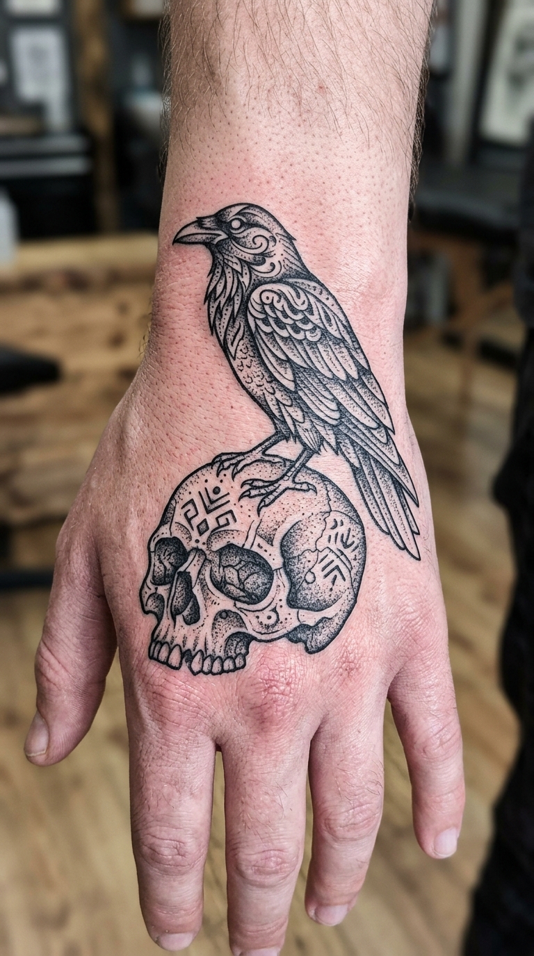 Krähe auf Totenschädel als grafisches Tattoo für die Hand