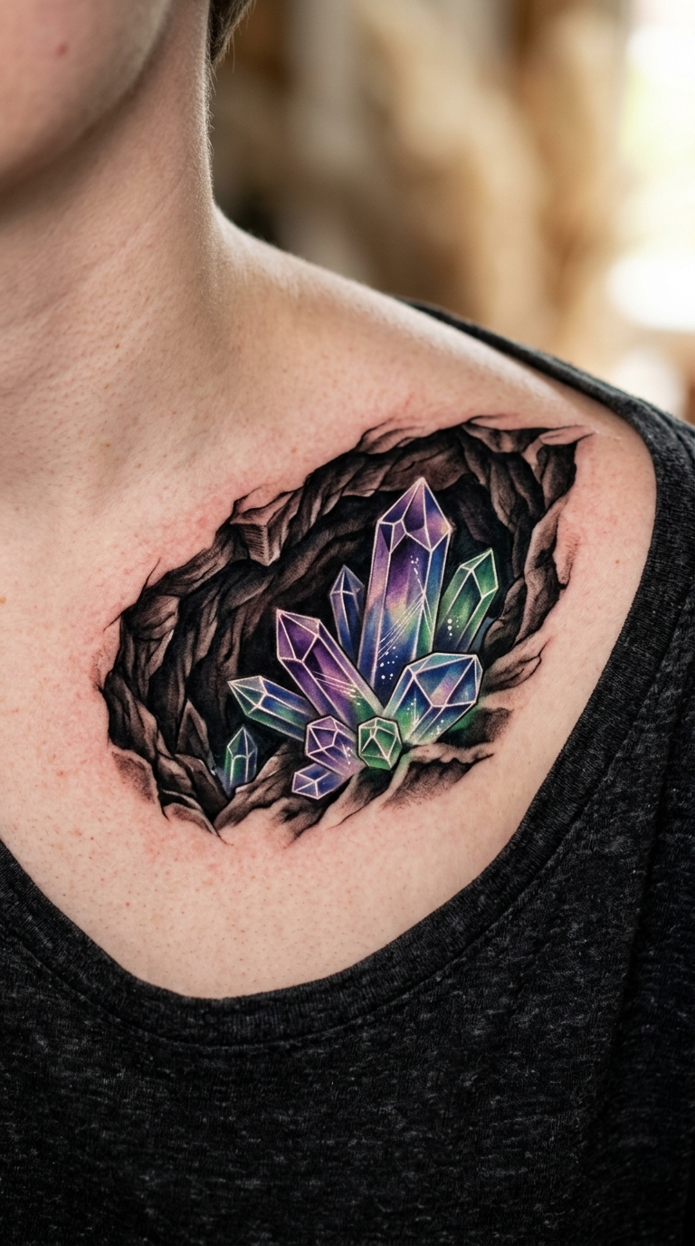 Kristallhöhle als 3D Tattoo für das Schlüsselbein