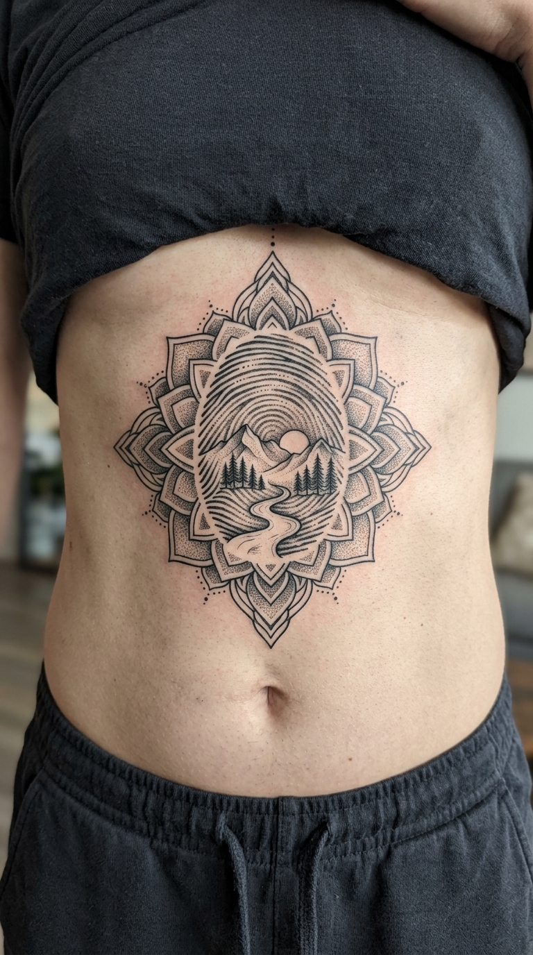 Landschaft im Fingerabdruck als Mandala Tattoo auf dem Bauch