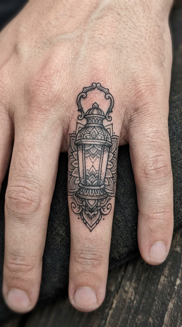 Laterne im Mandala Stil als Tattoo für den Finger