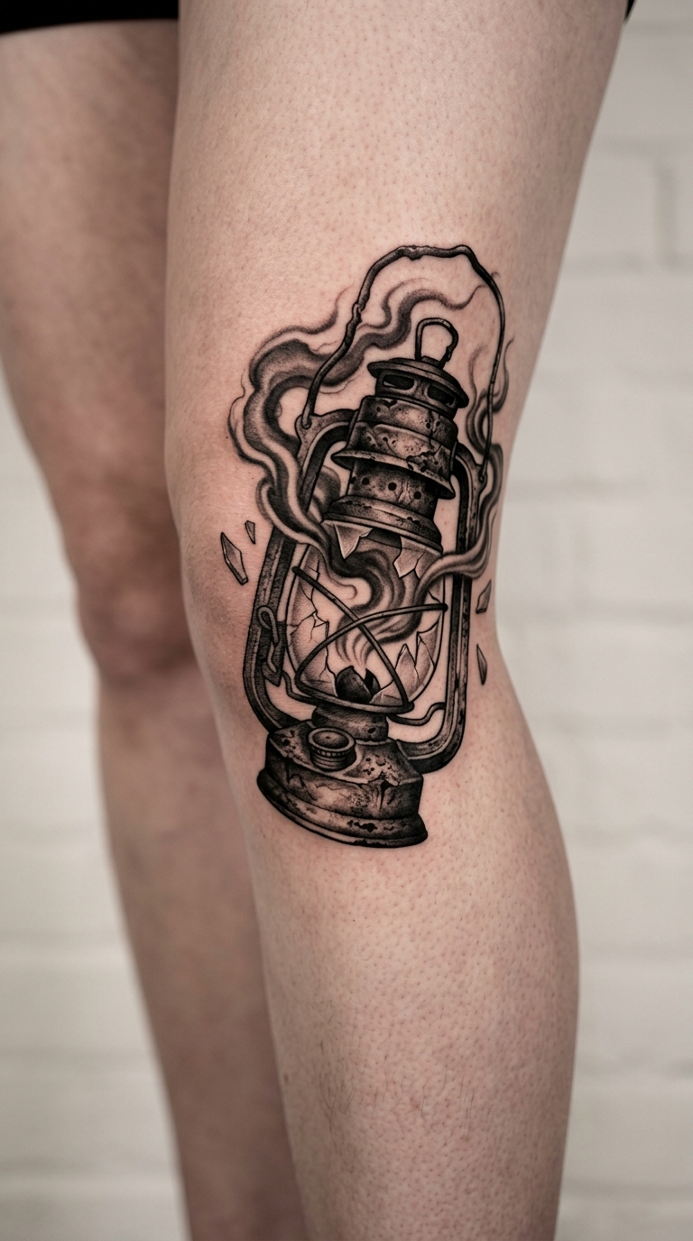 Laterne in der Finsternis als Horror Tattoo für die Kniekehle