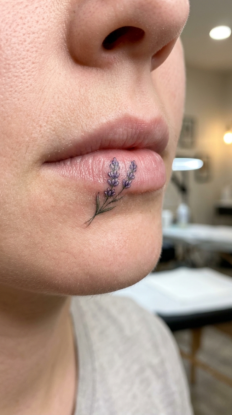 Lavendel als florales Tattoo für die Unterlippe