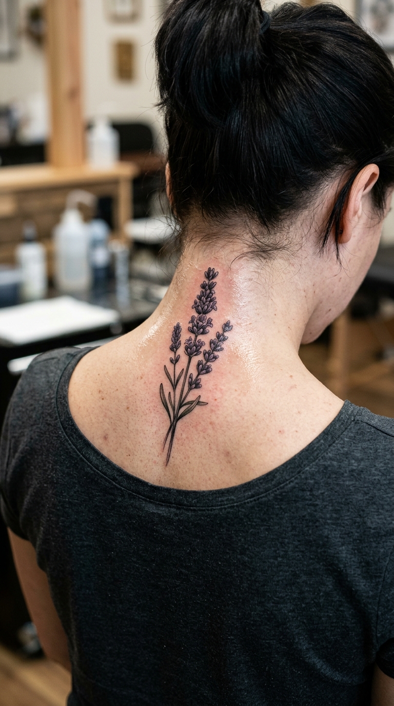 Lavendel als Realistic Tattoo für den Nacken