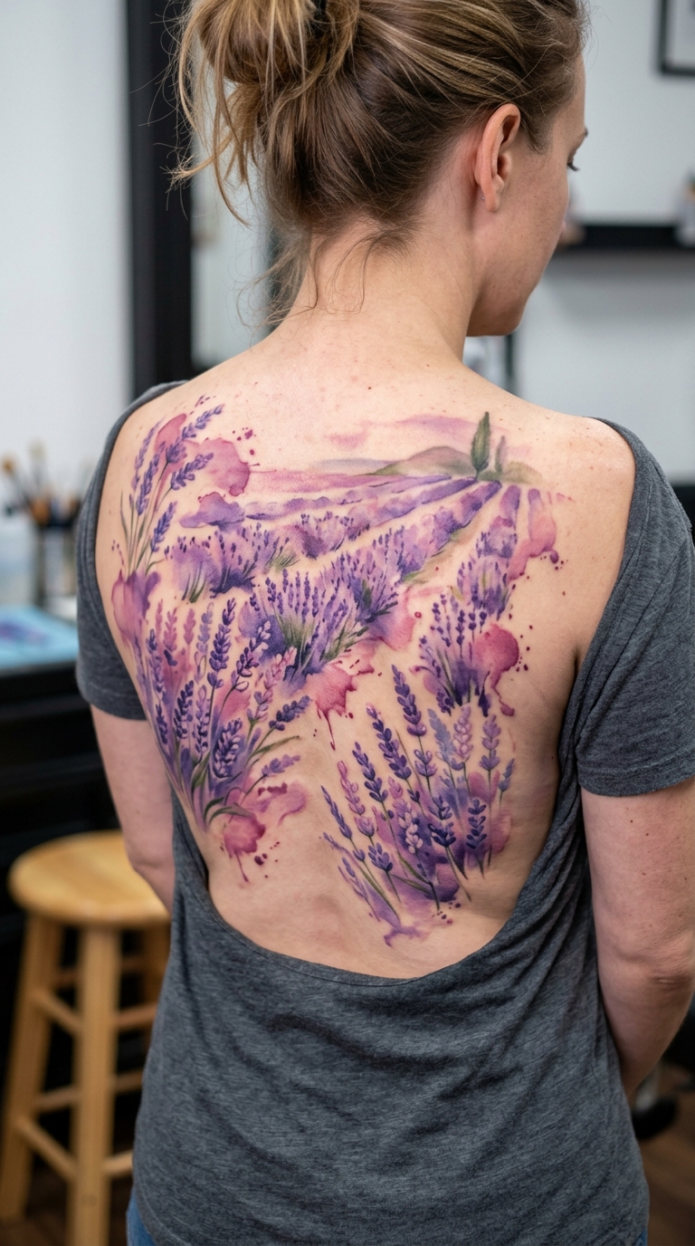 Lavendelfeld als Aquarell Tattoo für den Rücken
