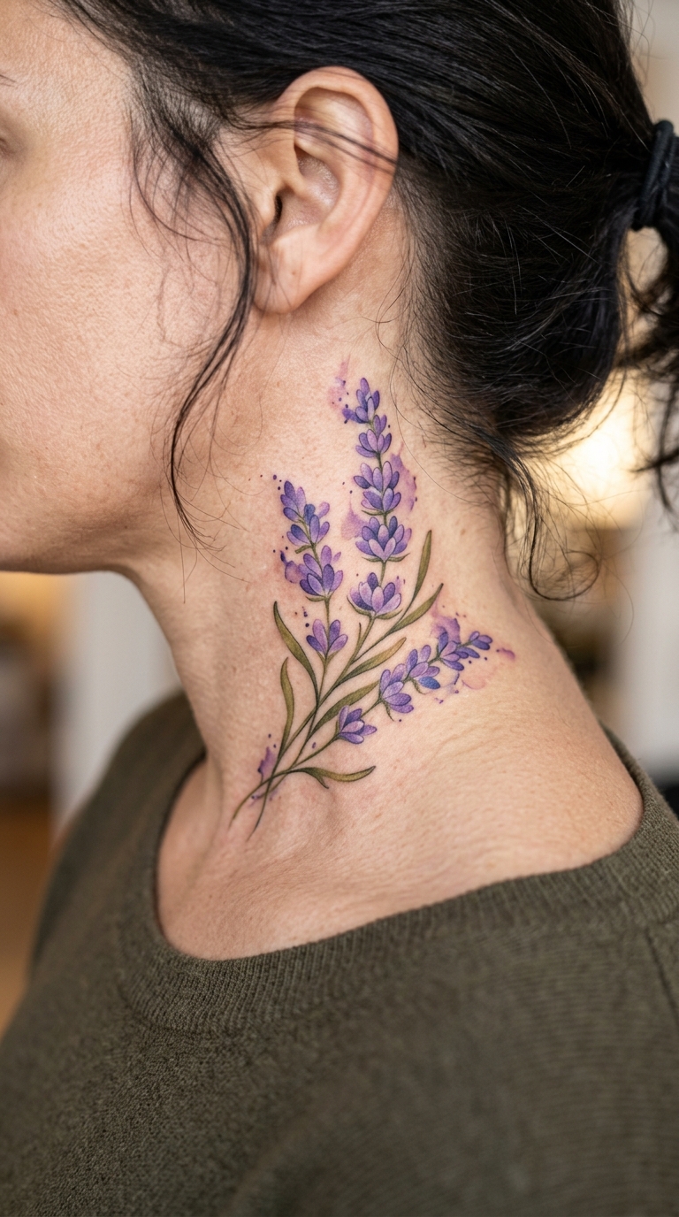 Lavendelzweige als zartes Aquarell Tattoo für den Hals