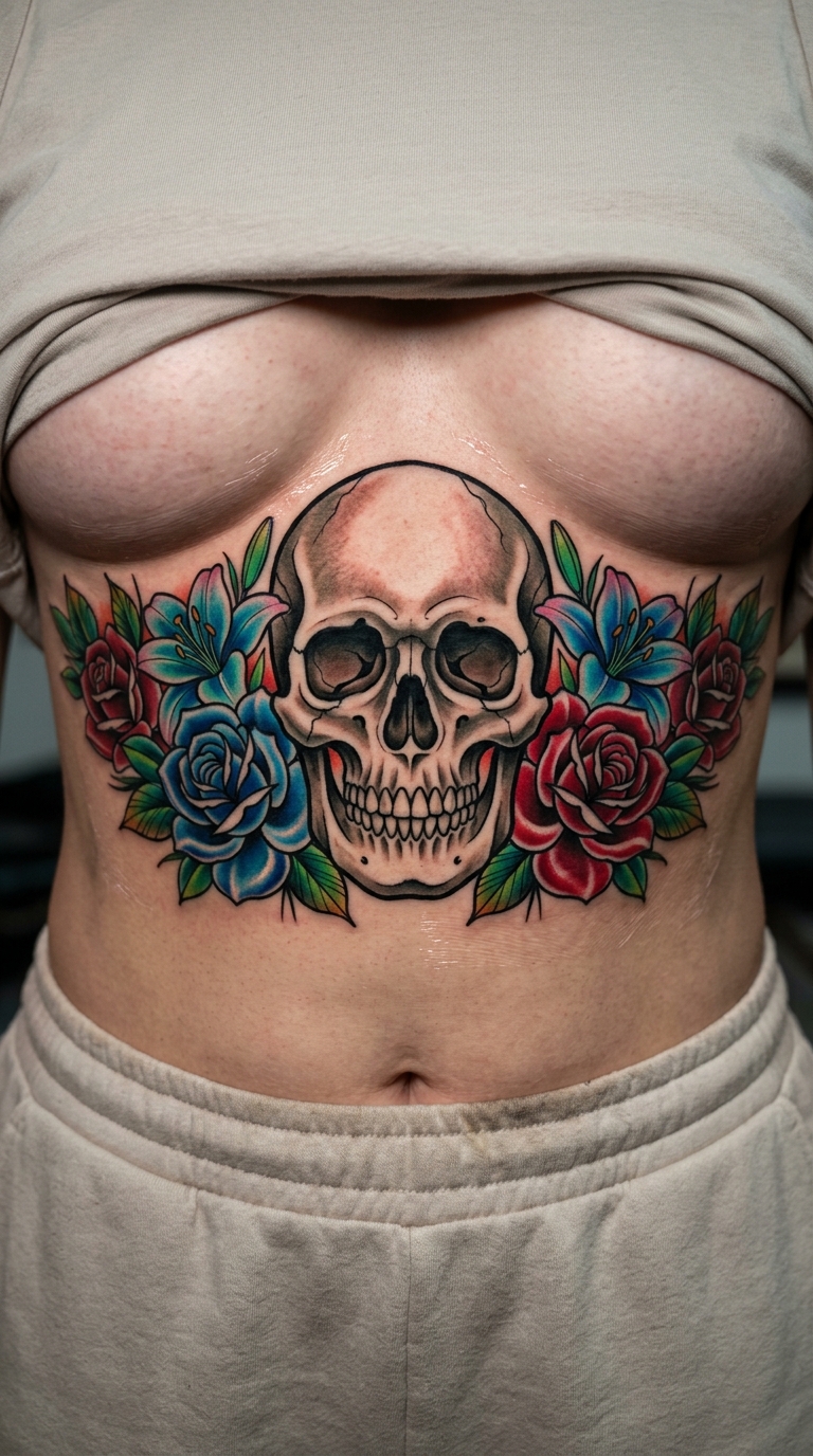 Leben und Tod als Oldschool und Newschool Tattoo für den Underboob