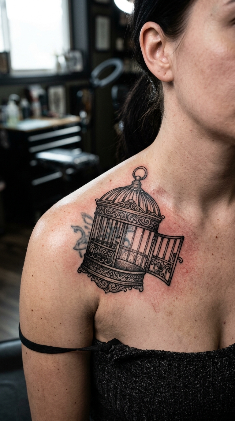 Leerer Vogelkäfig als Cover up Tattoo am Schlüsselbein