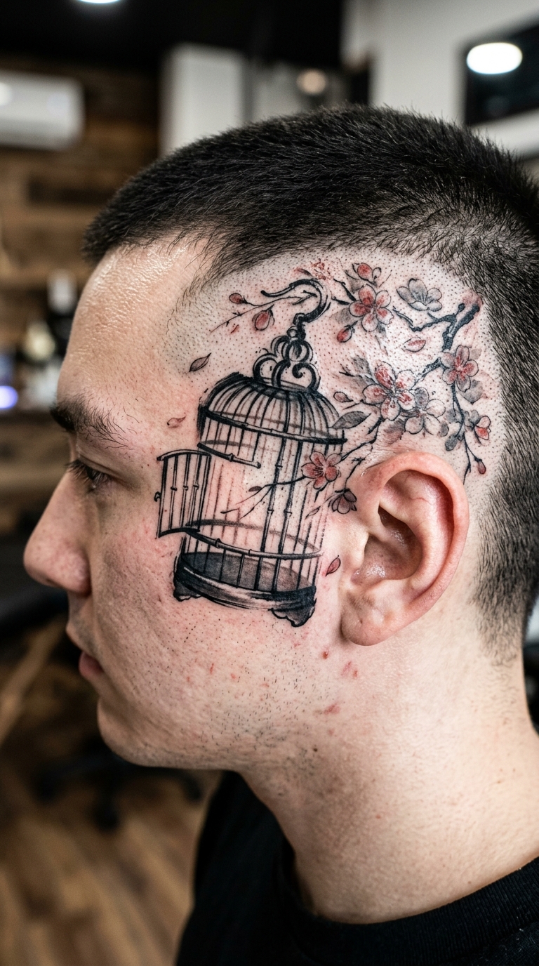 Leerer Vogelkäfig als Japanisch Tattoo Idee für den Kopf