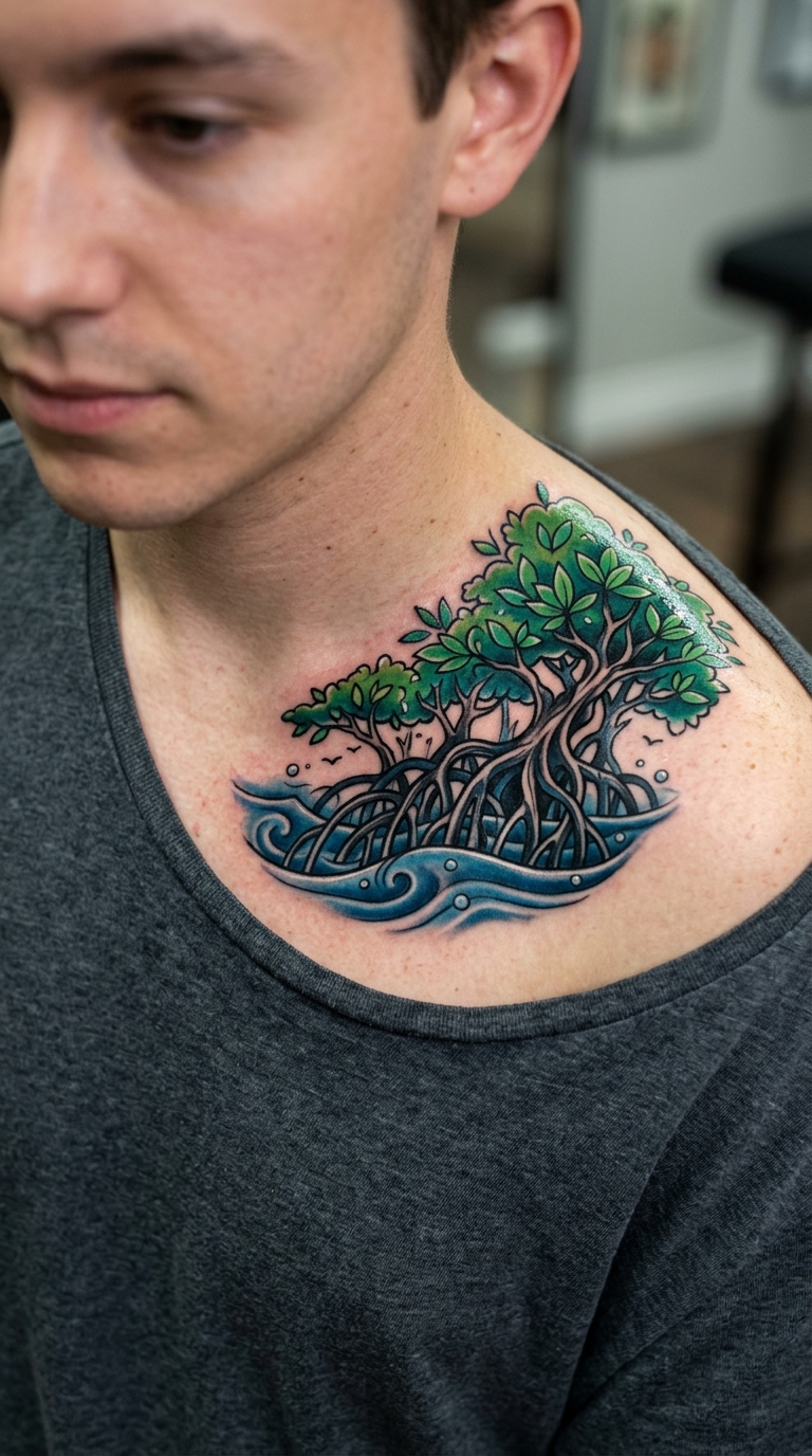Mangrovenwald als Oldschool und Newschool Tattoo am Schlüsselbein