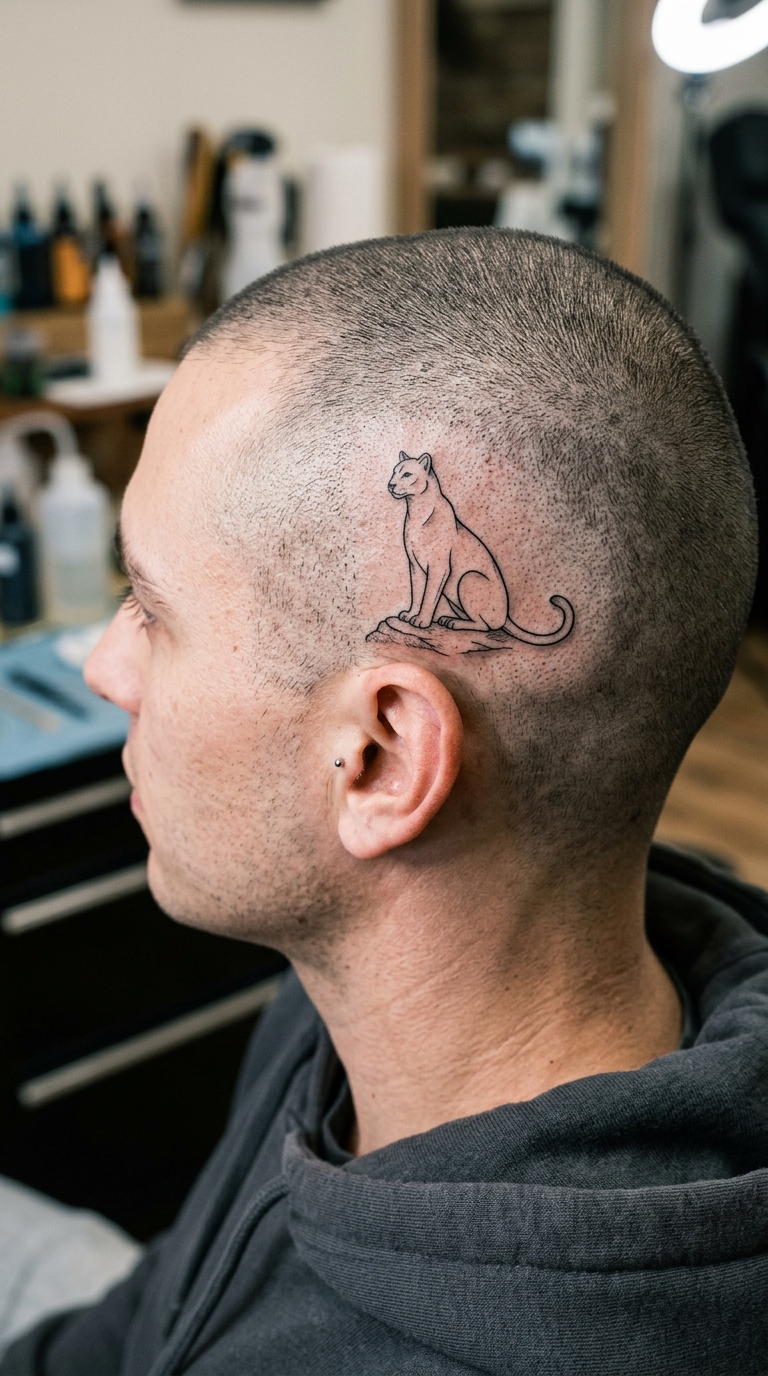 Minimalistisches Puma Tattoo auf dem Kopf