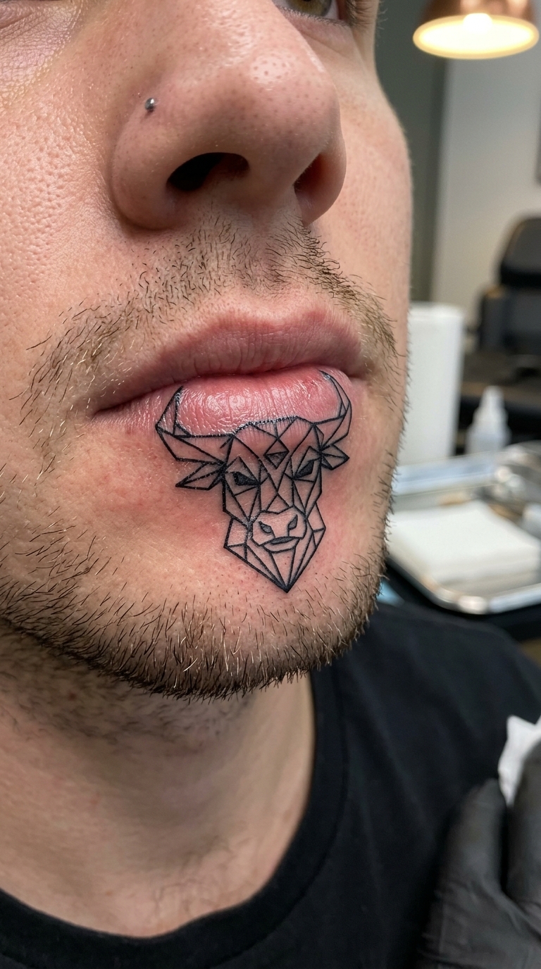 Minotaurus als geometrische Tattoo Vorlage für die Unterlippe