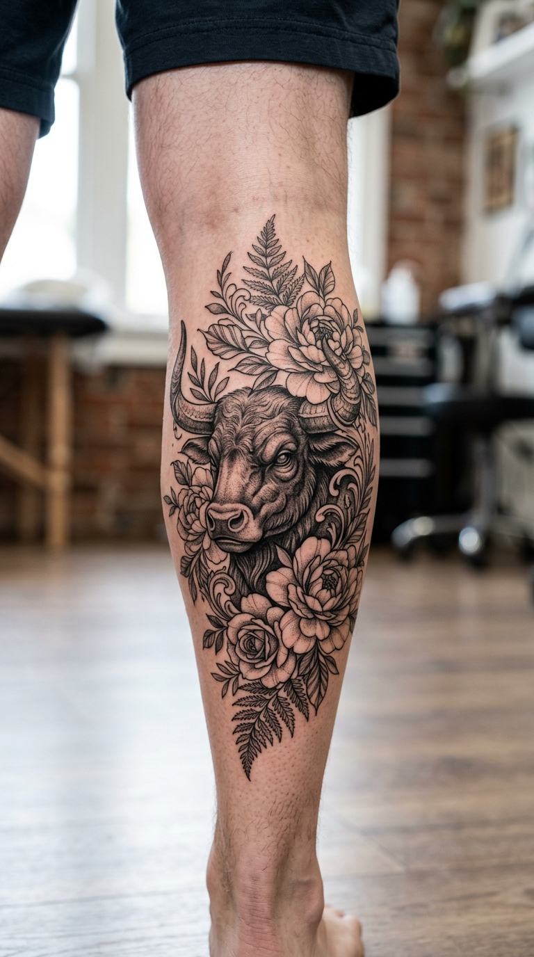 Minotaurus im florale Stil als Tattoo Vorlage für das Bein