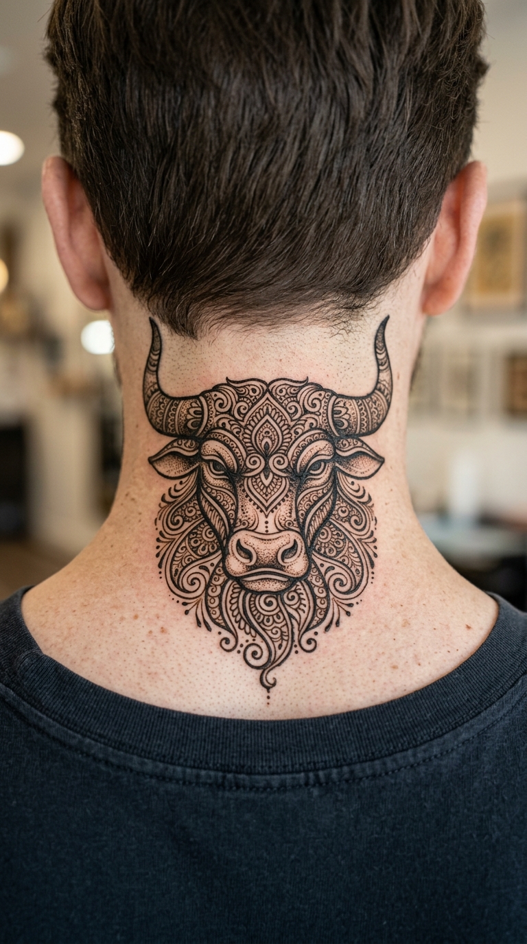 Minotaurus Motiv als Henna Tattoo für den Nacken