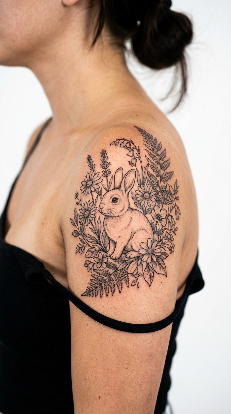 Mondhase in Blütenpracht florale Tattoo Idee für die Schulter