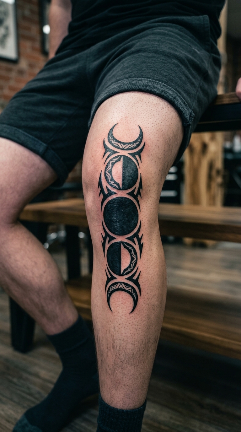 Mondphasen im Tribal Stil als Tattoo für die Kniekehle