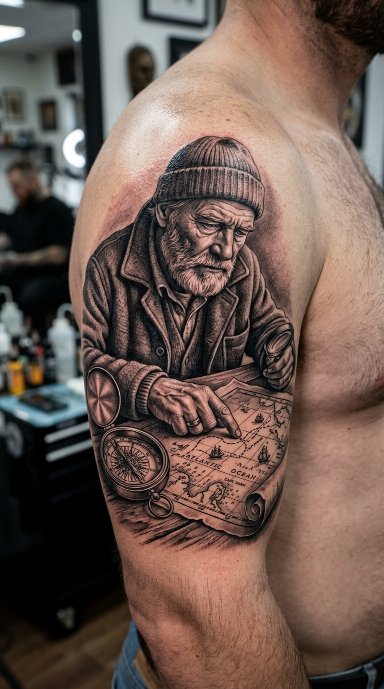 Navigator mit altem Kompass als Realistic Tattoo für den Arm