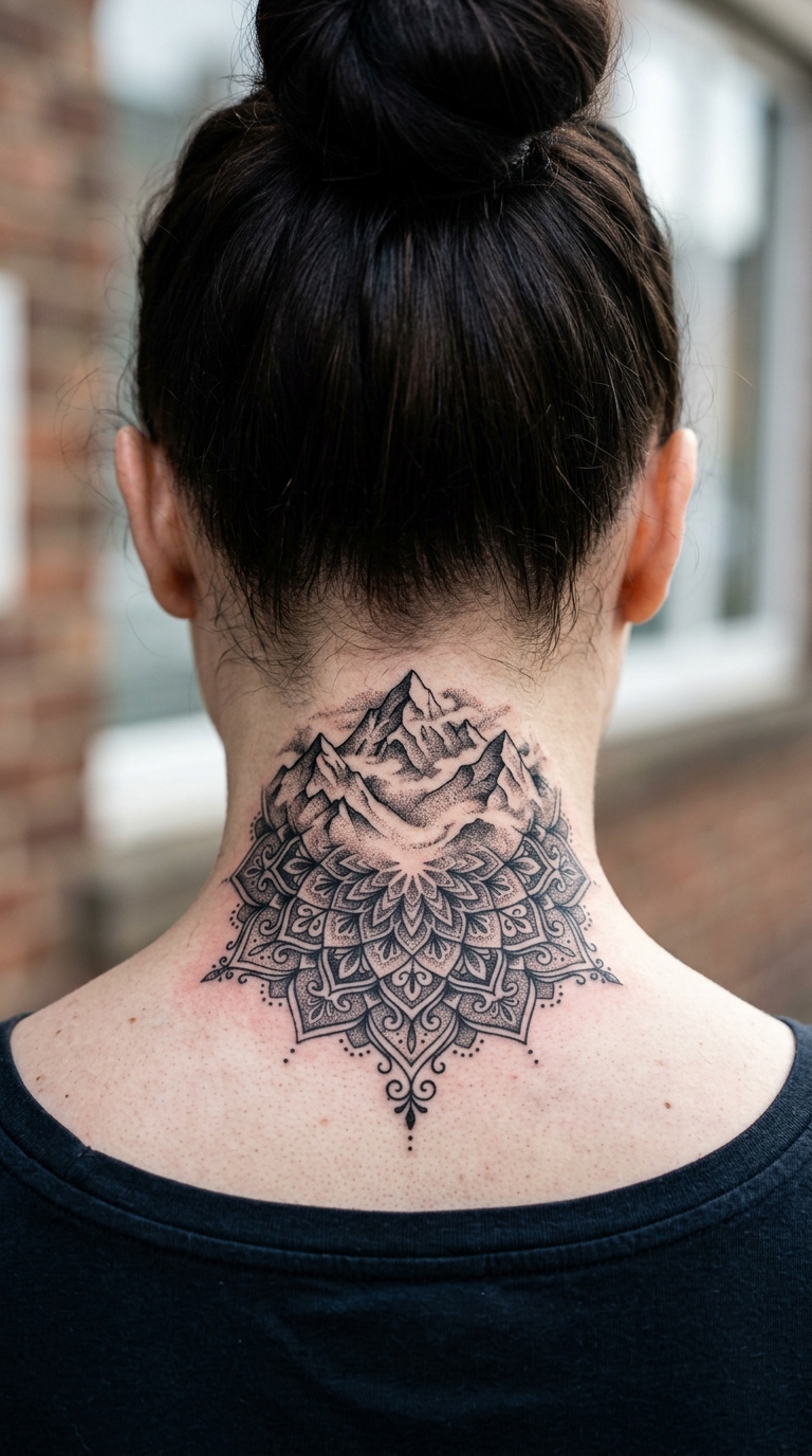 Nebelverhangene Bergkette als Mandala Tattoo für den Hals