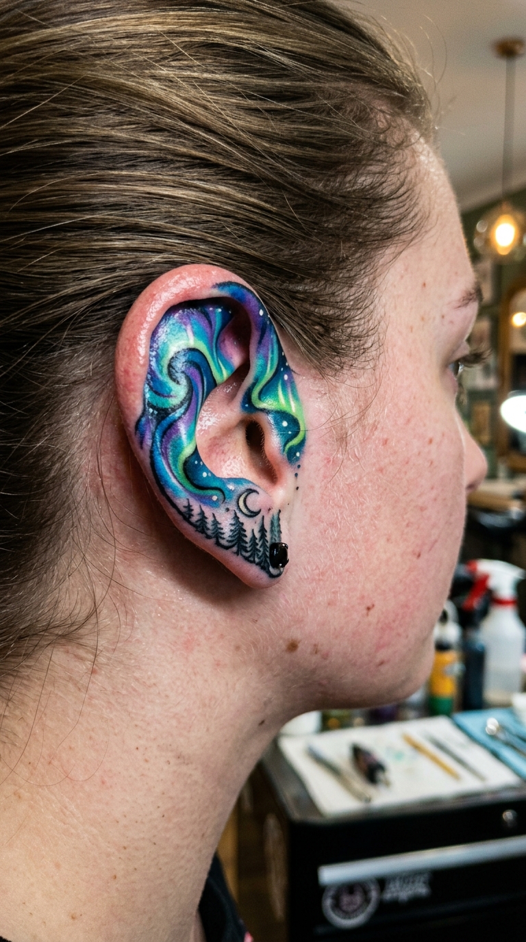 Nordlicht als Oldschool und Newschool Tattoo für das Ohr