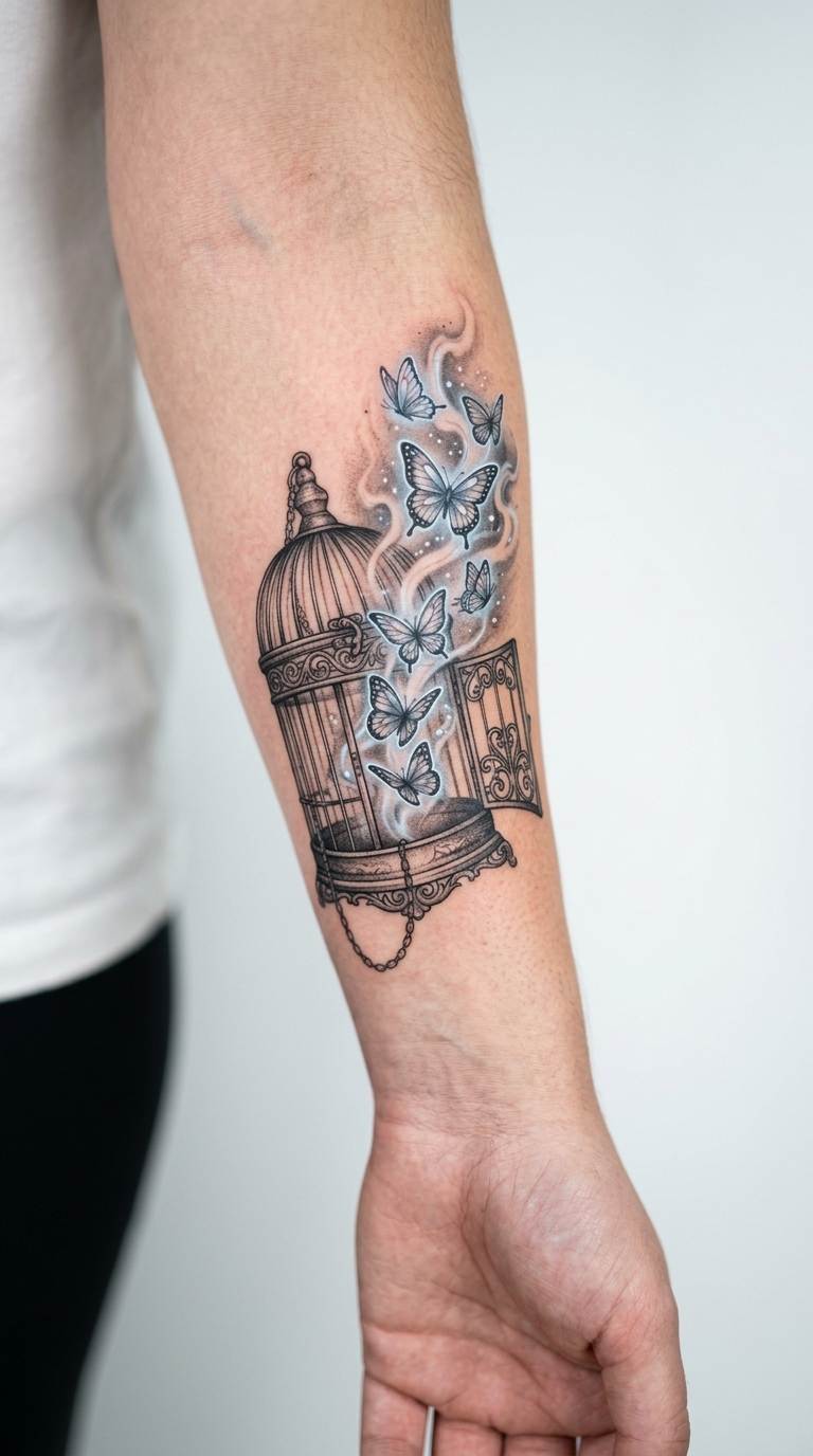 Offener Vogelkäfig als mystisches Fantasy Tattoo für den Unterarm