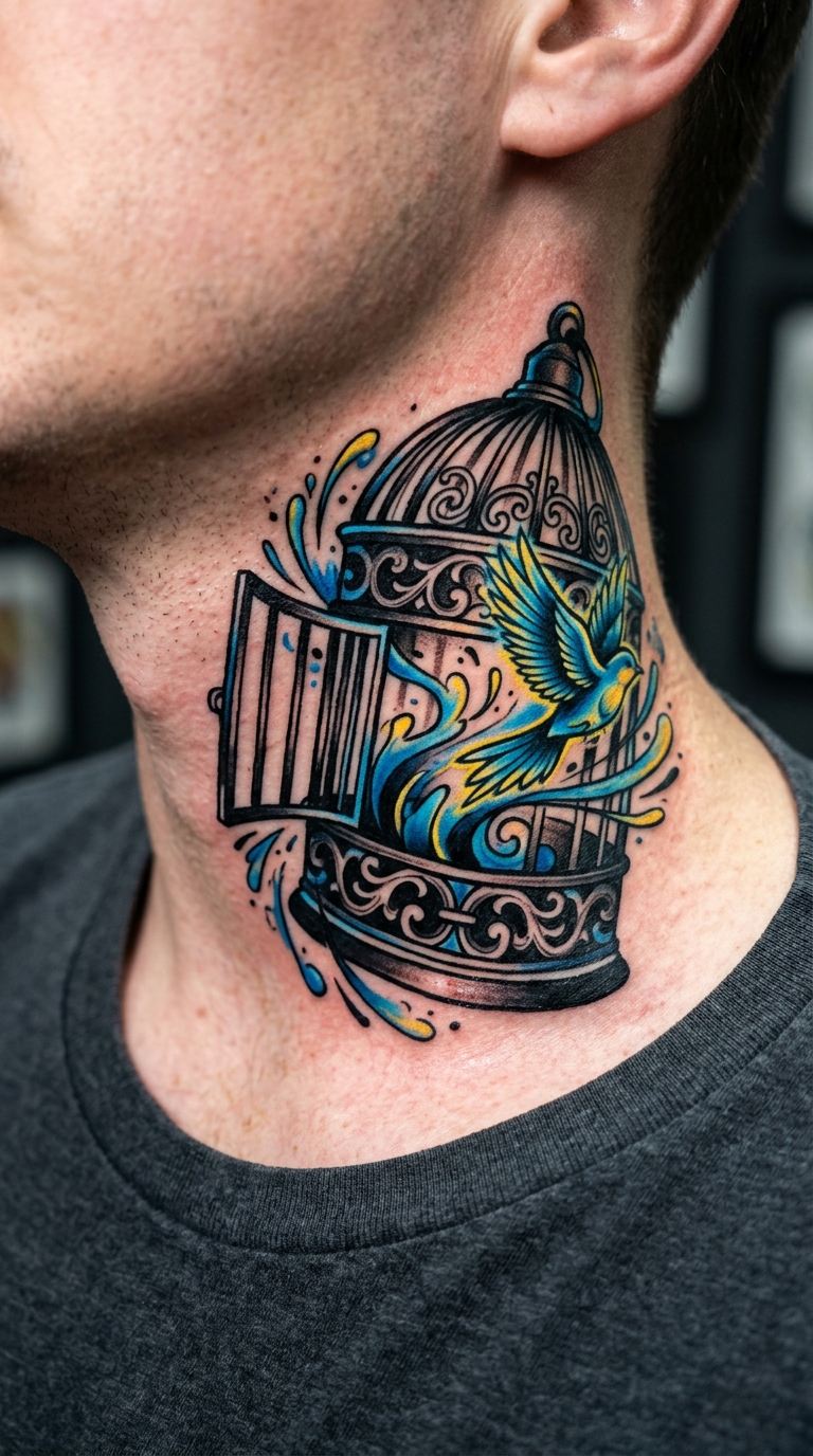 Offener Vogelkäfig als Oldschool und Newschool Tattoo für den Hals