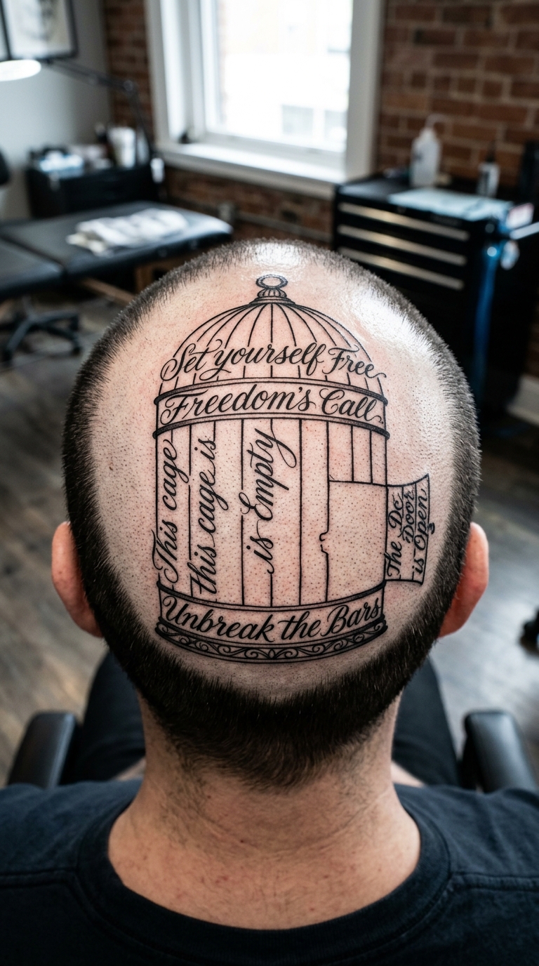 Offener Vogelkäfig als Schrift Tattoo auf dem Kopf