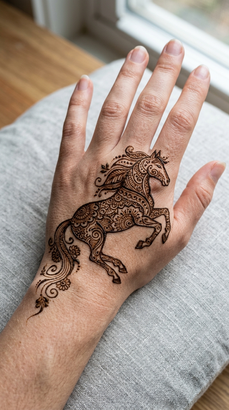 Pferd in Bewegung als Henna Tattoo Idee für die Hand