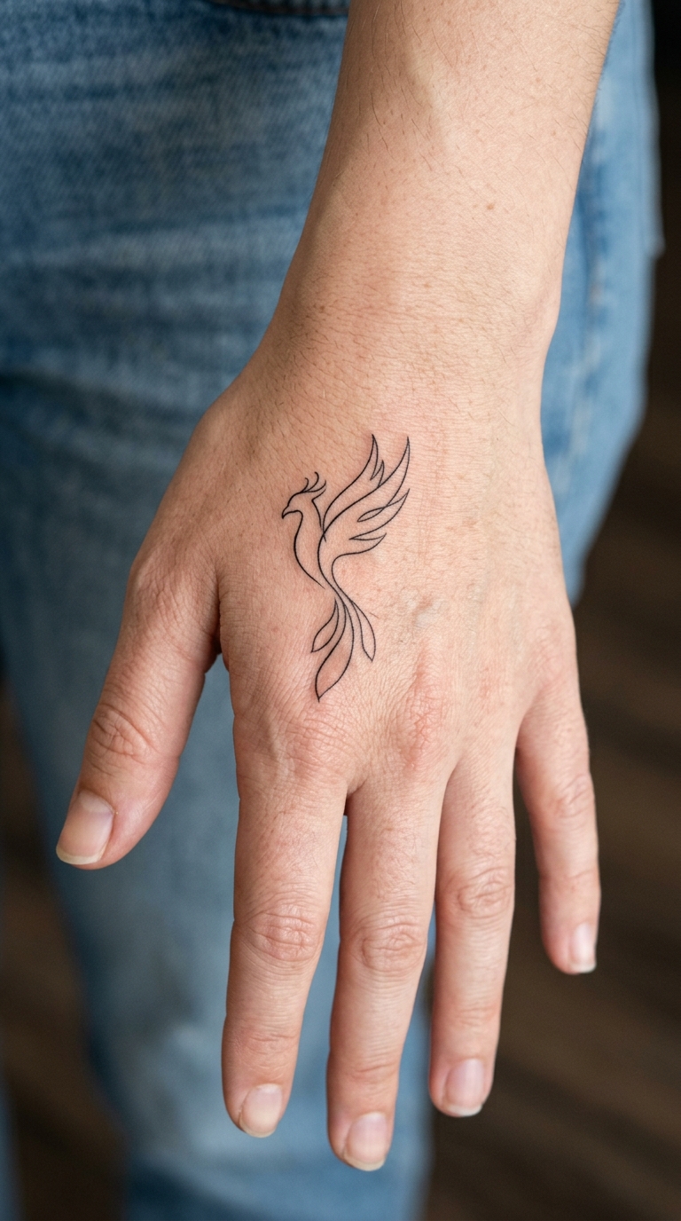 Phönix Tattoo Vorlage im minimalistischen Stil für die Hand